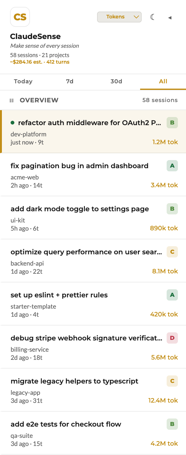 Sidebar with session grades